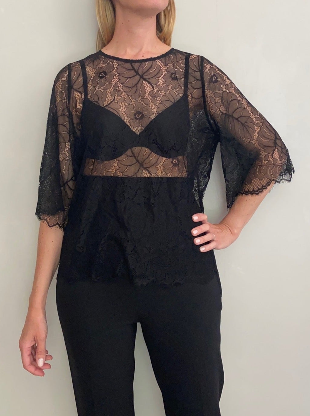 GANNI Black Lace Blouse Top Shirt Sheer Long sleeve cheapest size UK14/L/US10